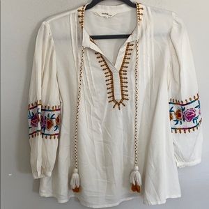 Boho Cream mustard Embroidered tassel Blouse M